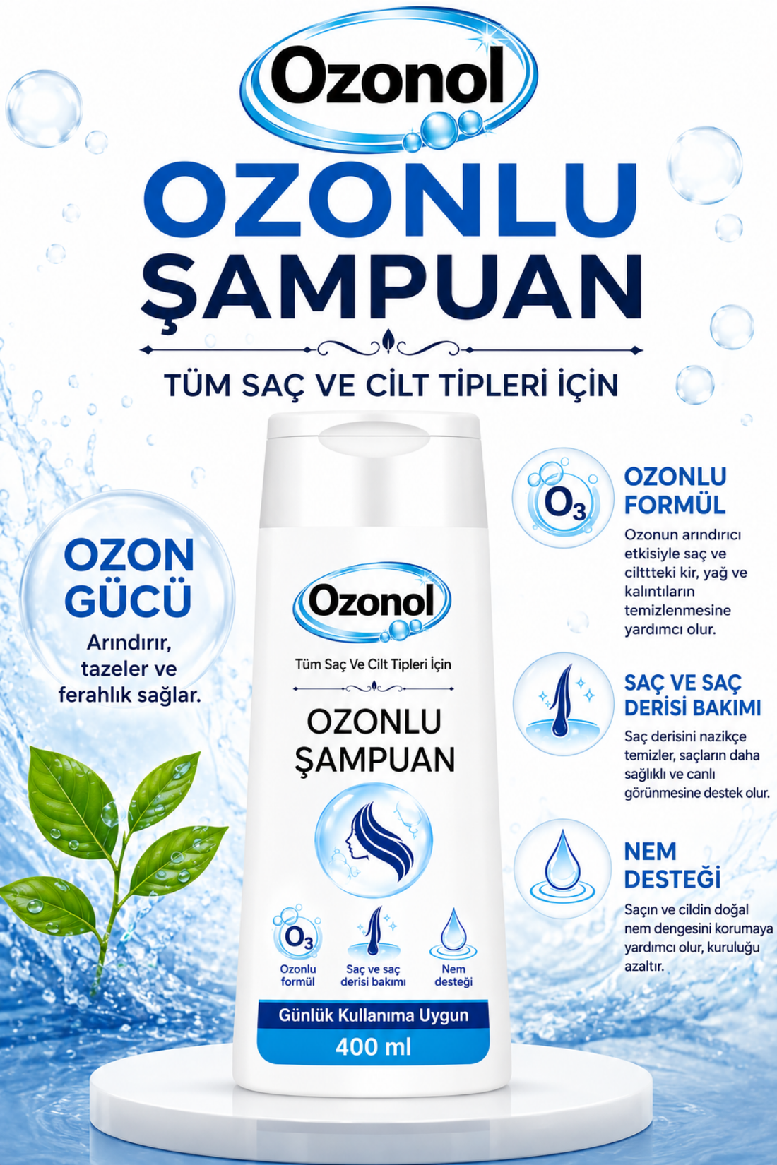 Ozonlu Şampuan 400 ml – Tüm Saç ve Cilt Tipleri İçin, Günlük Kullanıma Uygun Saç ve Saç Derisi Bakım Şampuanı